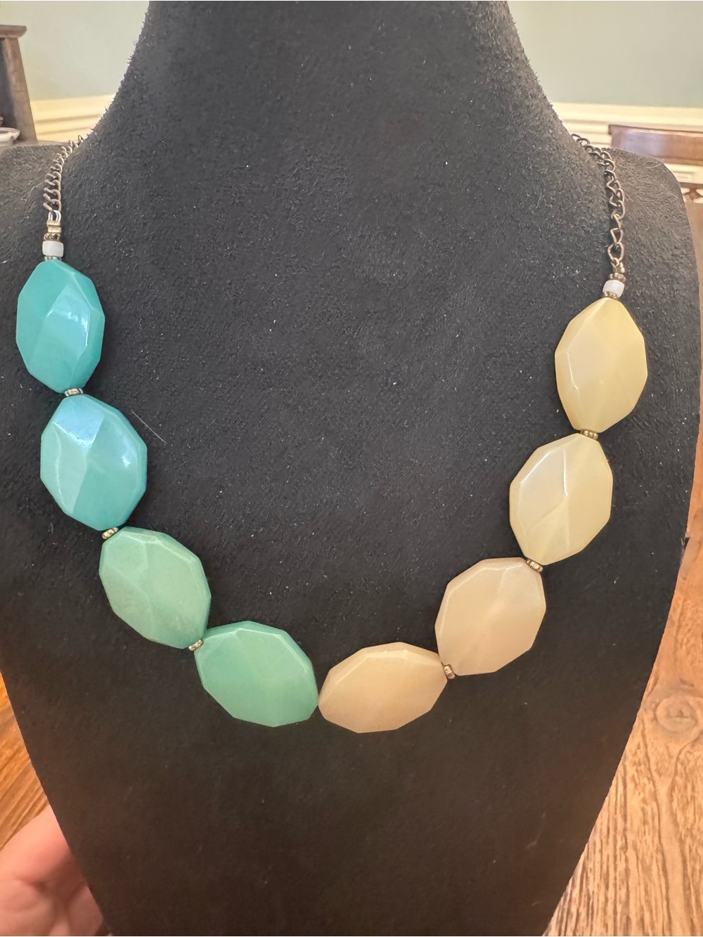 Chunky Faceted Bead Statement Necklace Aqua Green Cream Antique Bronze Tone